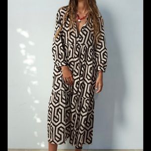 ZARA GEOMETRIC PRINT MIDI DRESS BLACK AND WHITE SZ XS